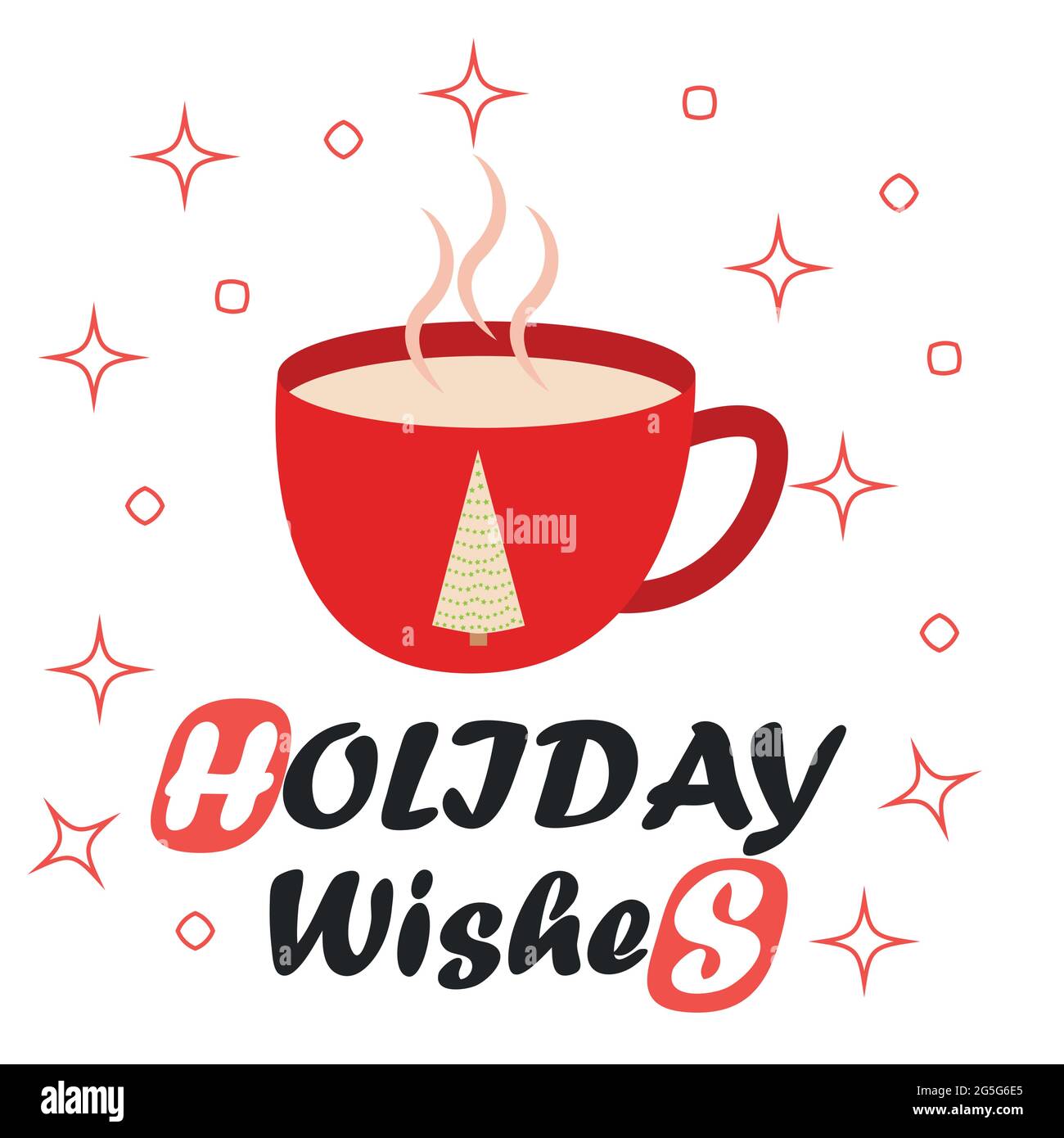 Frohe Weihnachtskarte. Roter Becher mit Kakao aus heißer Schokolade, Grußkarte, Bekleidung und Label-Design. Stock Vektor