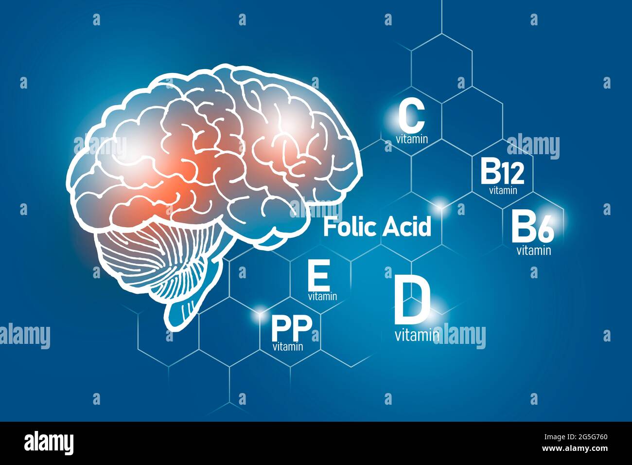 Essentielle Nährstoffe für die Gesundheit des Gehirns, einschließlich Vitamin C, Vitamin B, Folsäure, Vitamin PP. Design-Set der wichtigsten menschlichen Organe mit Vitaminen auf blau Stockfoto