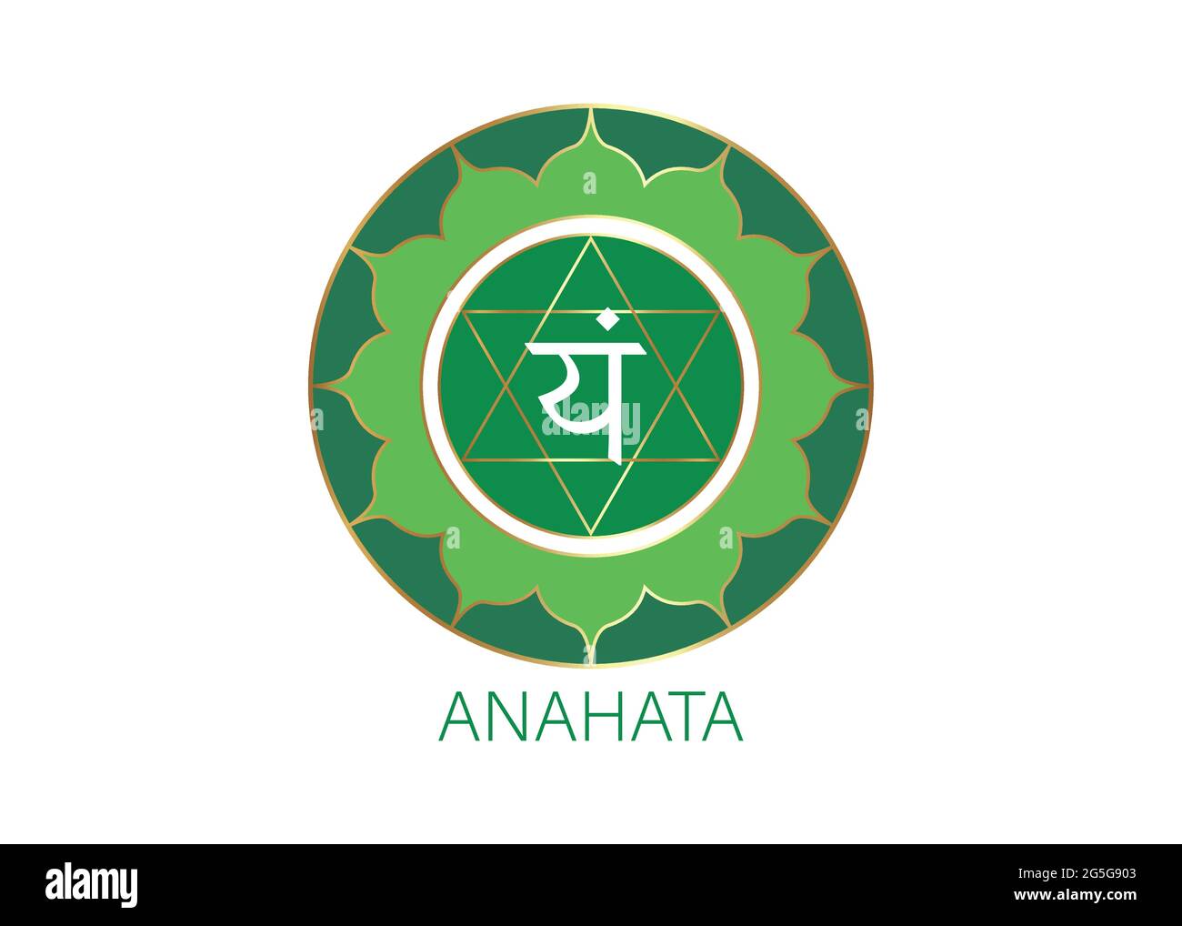 Anahata Viertes Chakra mit dem Hindu-Sanskrit-Samenmantra VAM. Grün ist ein flaches Design-Symbol für Meditation, Yoga. Vorlage für rundes Logo Vektor Stock Vektor