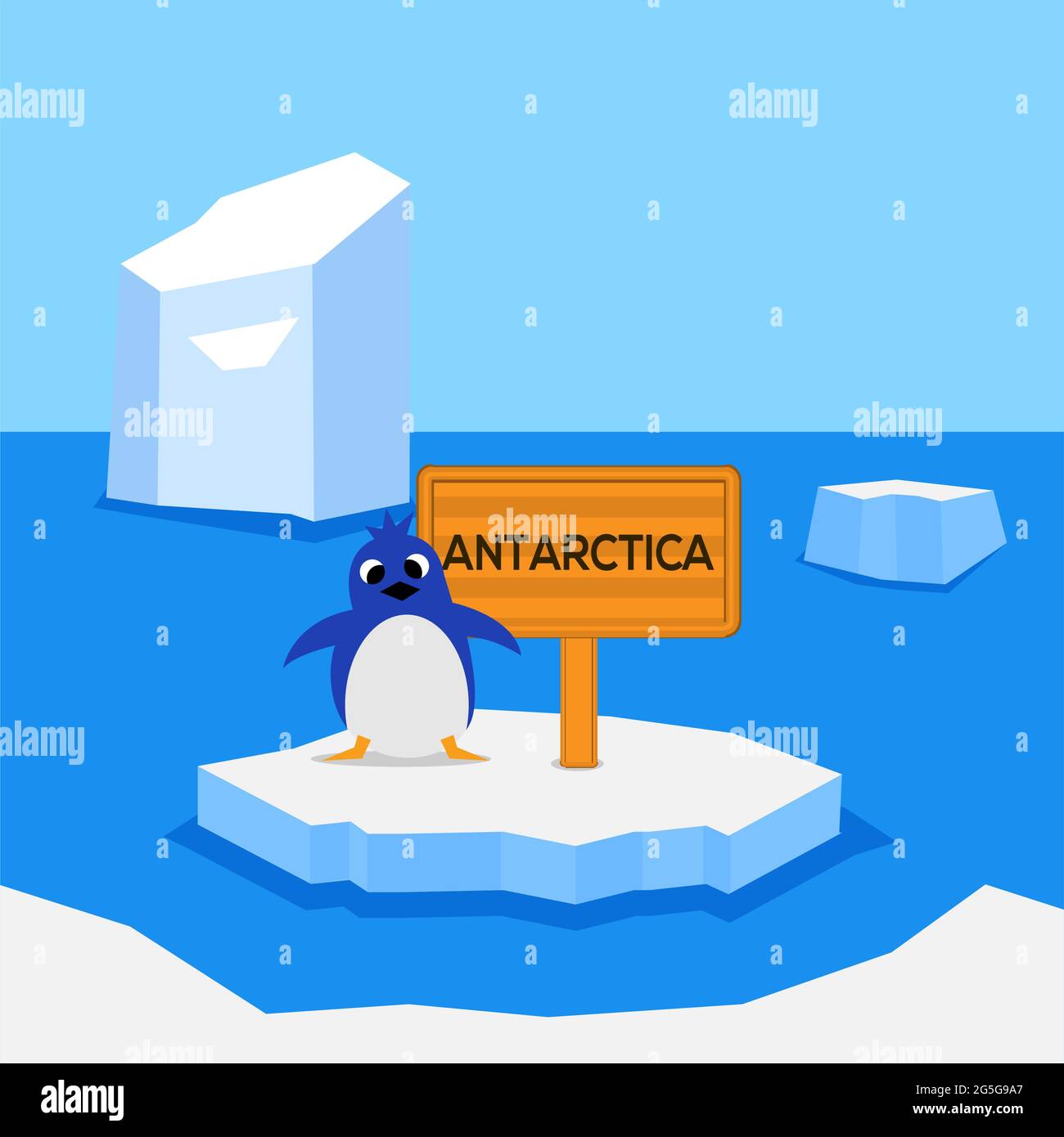 Gehen Sie in die Antarktis. Flaches Design. Pinguine und Brett. Stock Vektor