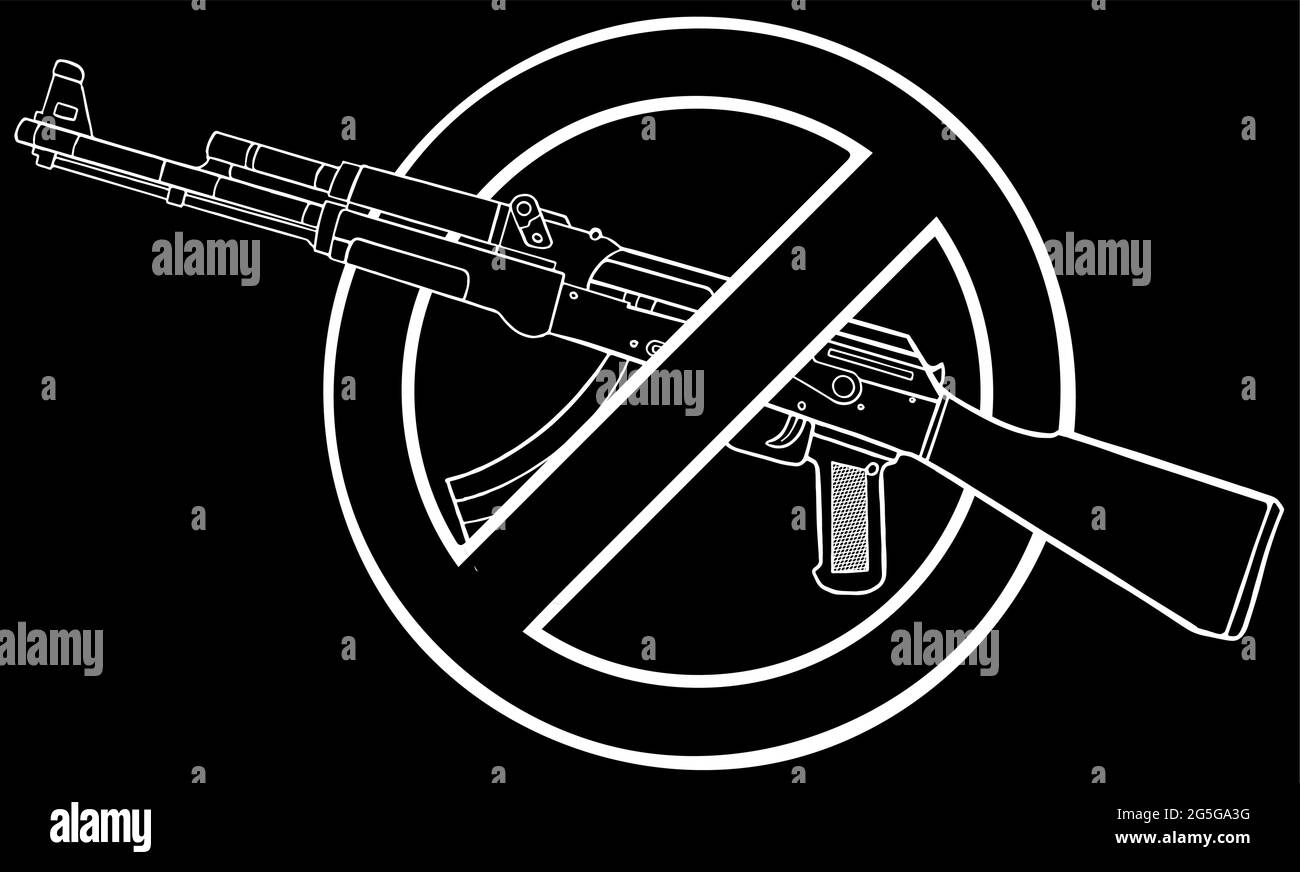 Silhouette des Sturmgewehrs mit Schild darüber - Waffenverbot. Stock Vektor