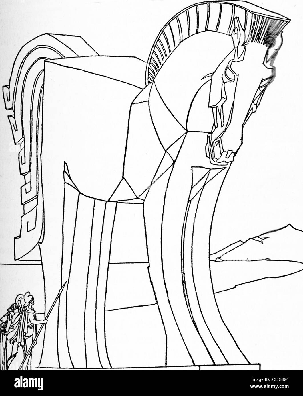 Der griechischen und römischen Mythologie zufolge warnte der Trojanische Laokoon seine Mittrojaner davor, das riesige Holzpferd (hier zu sehen), das ihnen von den Griechen geschenkt wurde, in die Mauern des Troys zu bringen. Poseidon, der gott des Meeres und eine Gottheit, die die Griechen begünstigte, sandte Seeschlangen vom Meer, um Laocoon zu erwürgen. Das Pferd war die Idee des griechischen Helden Odysseus, und die Griechen ließen einen Griechen namens Sinon den Trojanern sagen, dass, wenn die Trojaner es nicht innerhalb der Stadtmauern brachten, die Griechen die Trojaner besiegen würden. Diese Illustration aus dem frühen 20. Jahrhundert zeigt die Trojaner, die in dem Gedanken schwelgen, dass es beim Pferd um das Thema ging Stockfoto