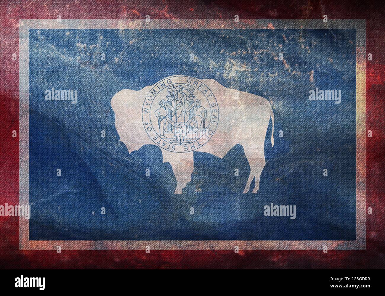 Draufsicht auf die Retro-Flagge von Wyoming mit Grunge-Struktur. Hintergrund markieren, Stockfoto