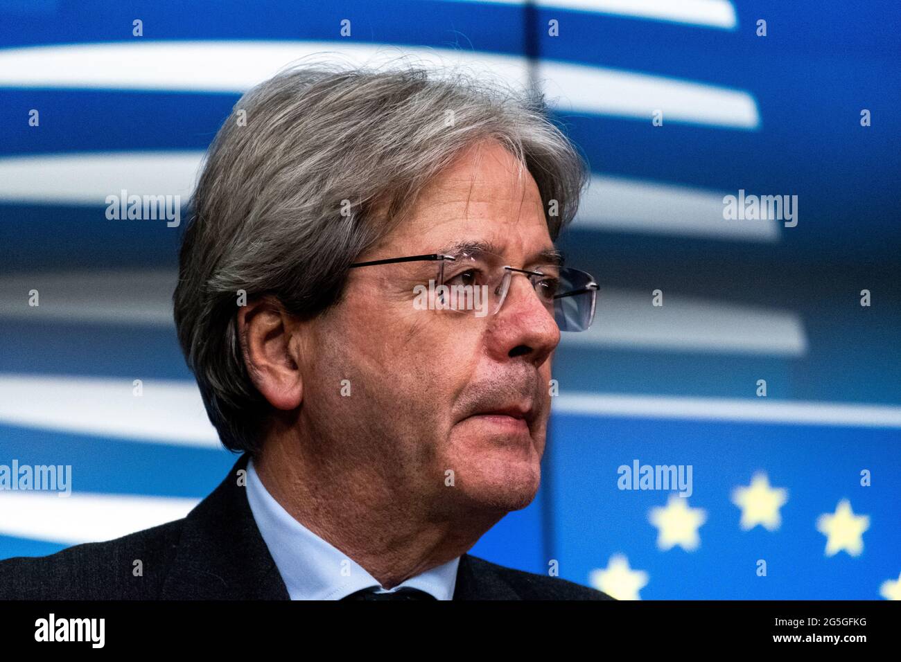 Porträt des EU-Kommissars für Wirtschaft und des ehemaligen italienischen Ministerpräsidenten Paolo Gentiloni. Brüssel. Belgien. Stockfoto