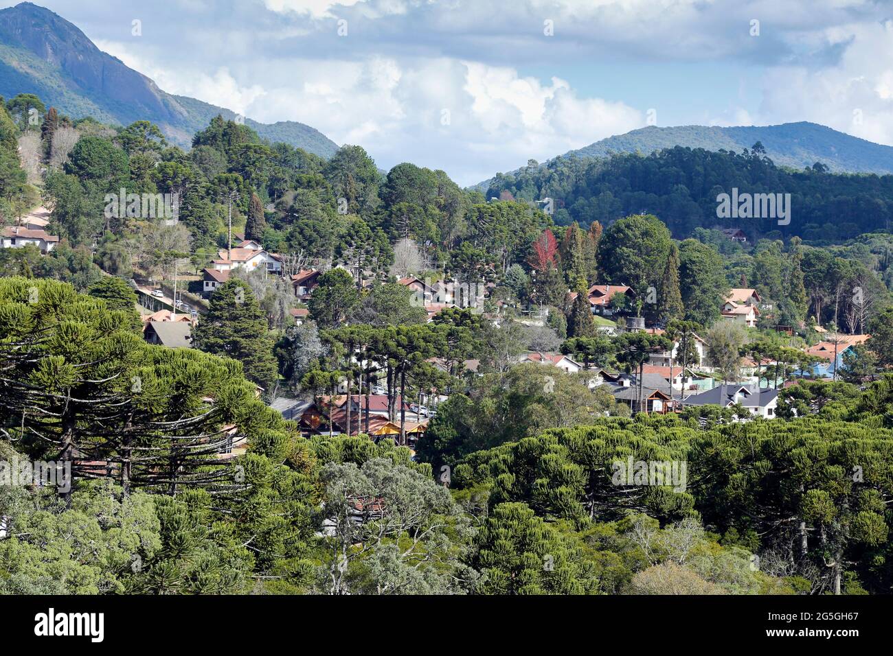 Blick auf die Natur und Gebäude zwischen den Bergen von Monte Verde, Bezirk Camanducaia, Innenraum von Minas Gerais. Stockfoto