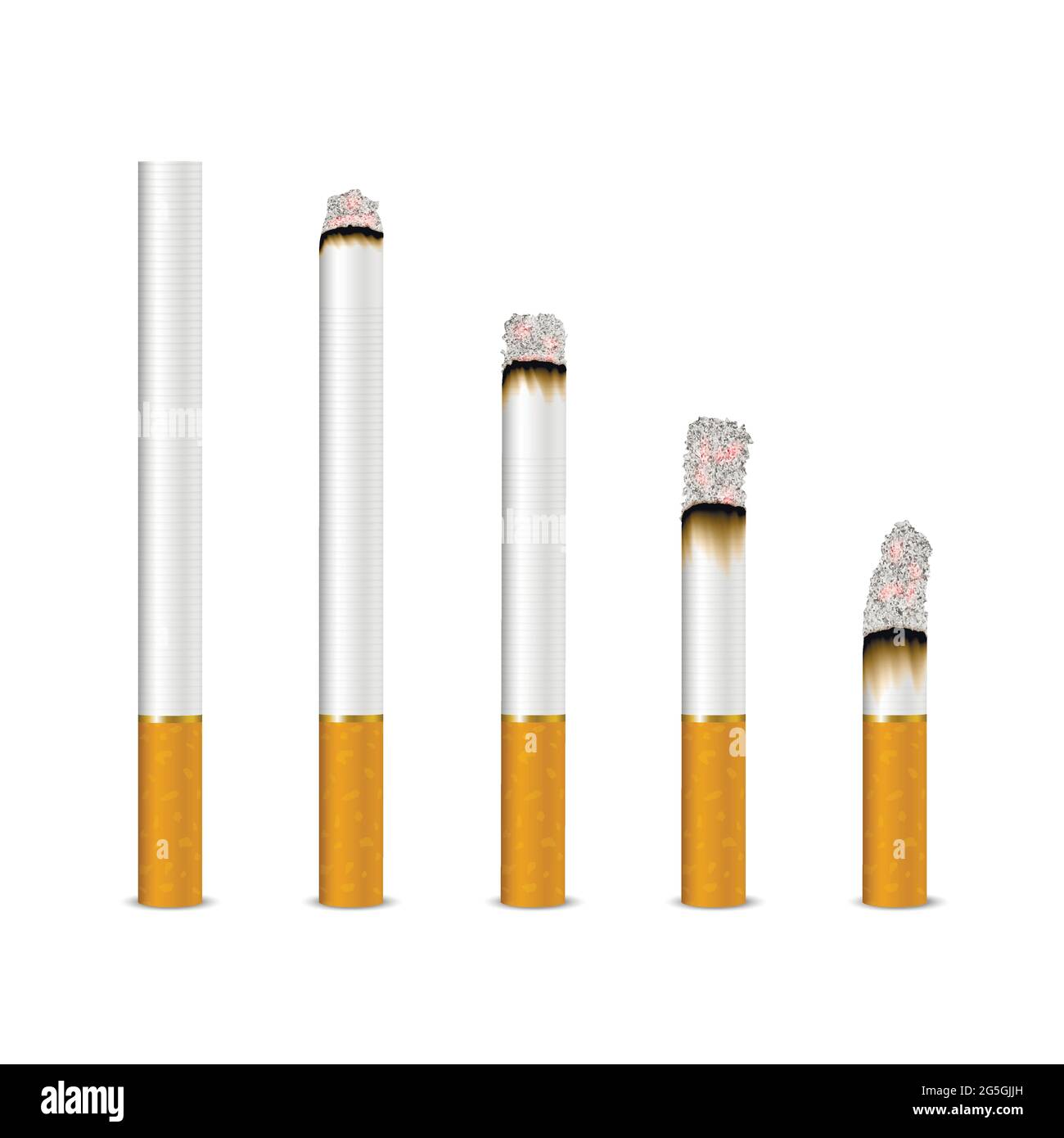 Vektor 3d realistische Zigarette Set Nahaufnahme isoliert auf weißem Hintergrund. Verschiedene Phasen des Verbrennens. Ganz und Rauchen. 31. Mai Weltnichtrauchertag. Nein Stock Vektor