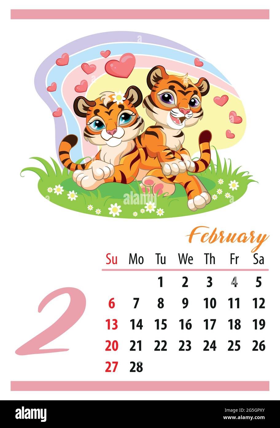 Wandkalender für 2022, Februar. Zwei niedliche liegende Tiger-Jungen und -Herzen. Das Symbol des Jahres. Tierischer Charakter. Darstellung von Farbvektoren. Wochenstern Stock Vektor