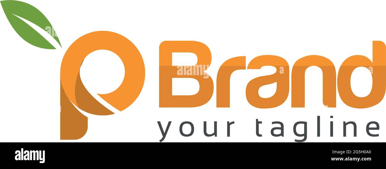Buchstabe p mit grünem Blatt auf weißem Hintergrund. Logo-Design-Vorlage. Stock Vektor