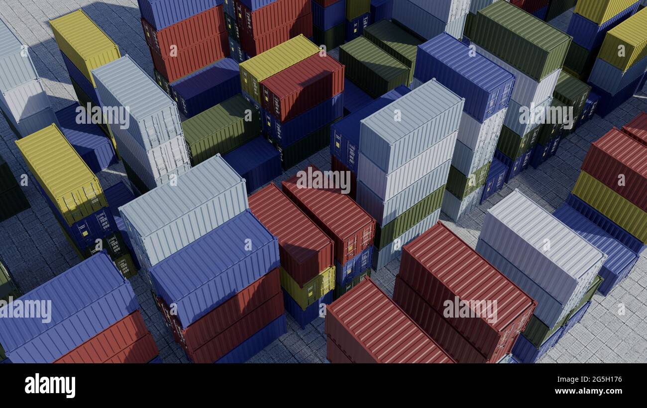 Container für Schiff im Hafen. Logistik. Fracht am Dock verschiffen. Luftaufnahme. 3d-Rendering Stockfoto