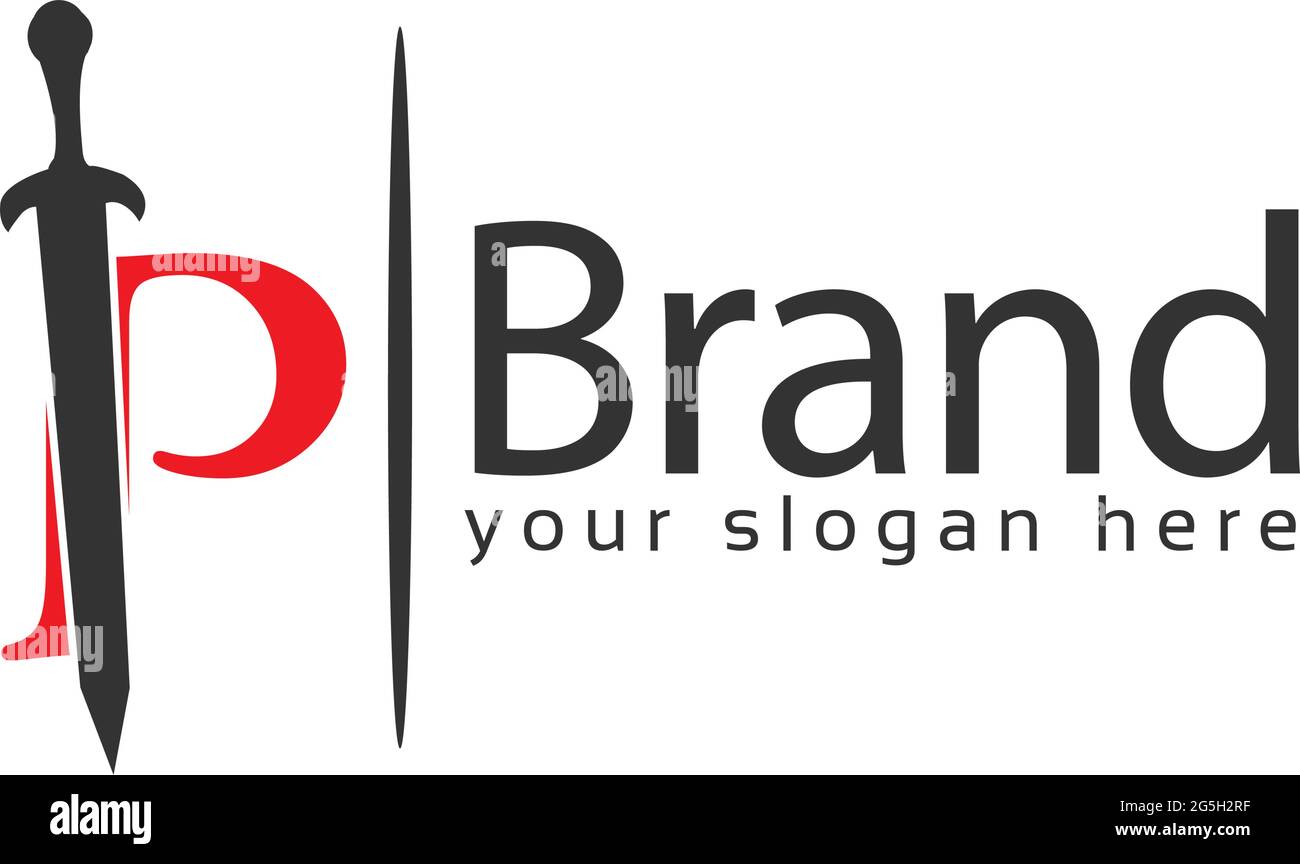 Schwert Buchstabe p Logo. Vektorgrafik auf weißem Hintergrund Stock Vektor