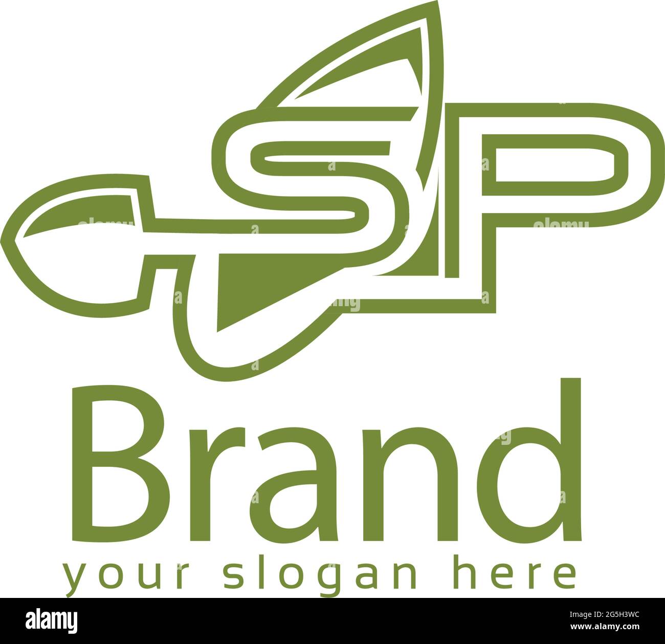 Buchstabe SP mit grünem Blatt auf weißem Hintergrund. Logo-Design-Vorlage. Stock Vektor