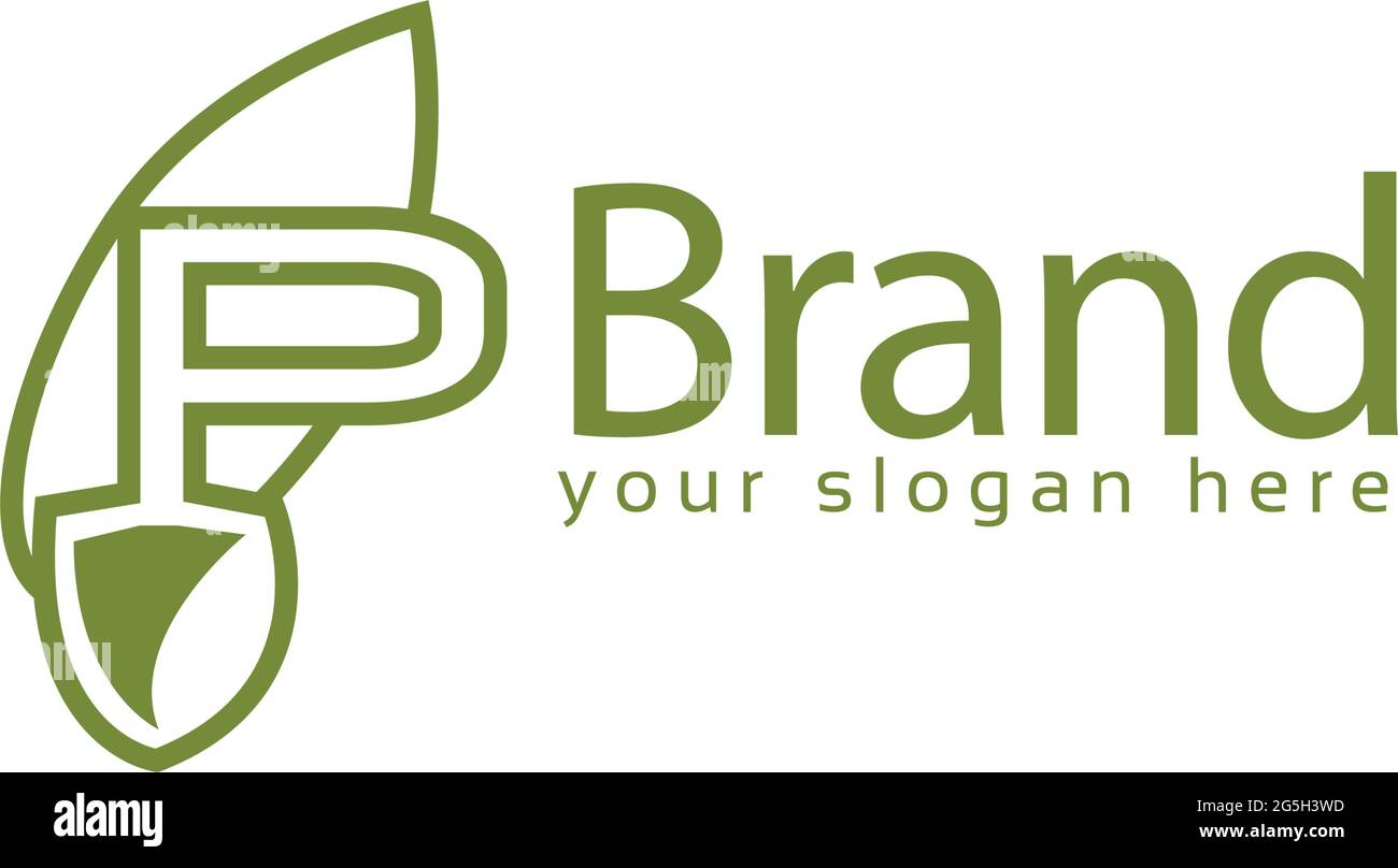 Buchstabe p mit grünem Blatt auf weißem Hintergrund. Logo-Design-Vorlage. Stock Vektor