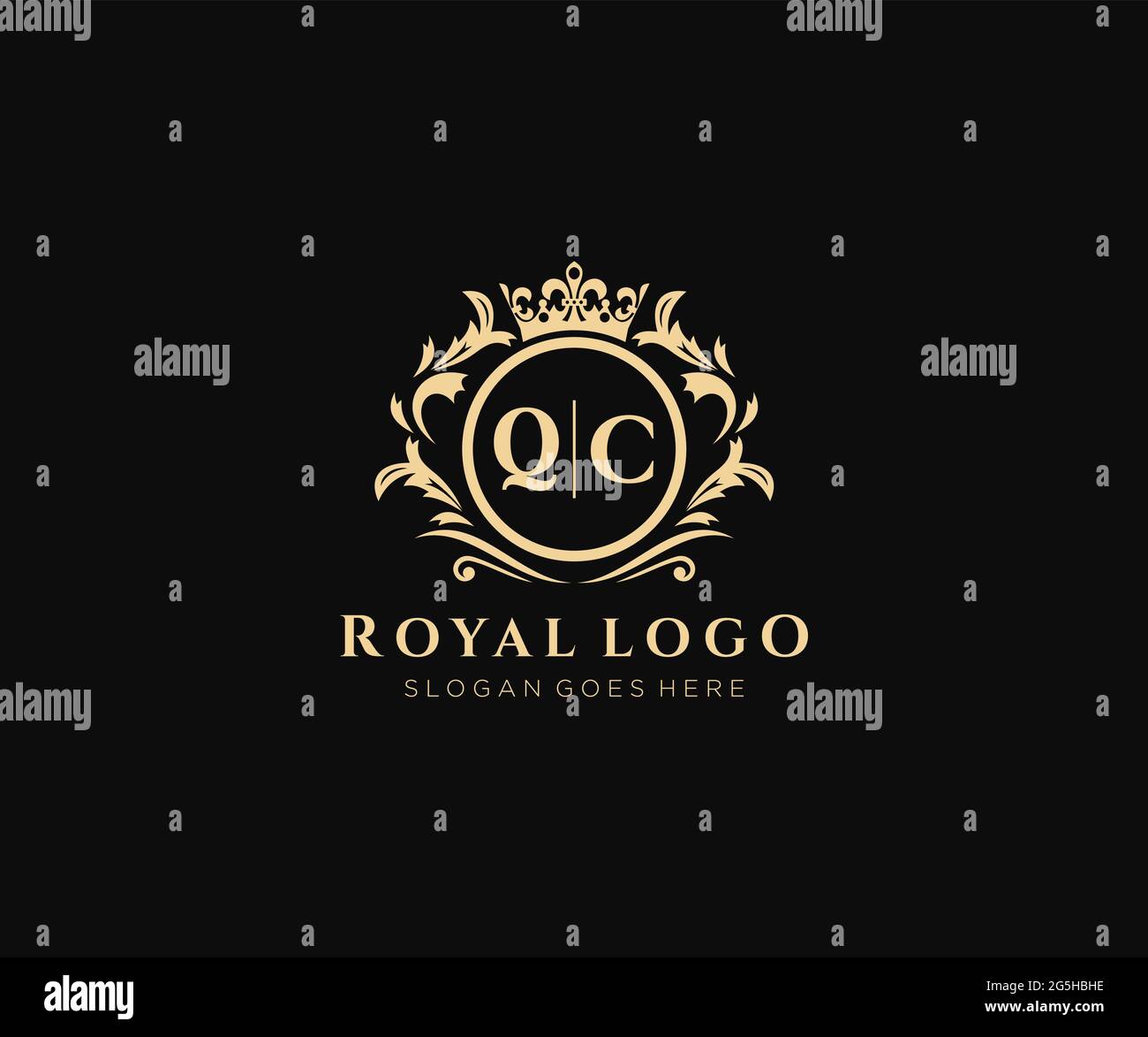 QC Letter Luxurious Brand Logo Template, für Restaurant, Royalty, Boutique, Cafe, Hotel, Wappentisch, Schmuck, Mode und andere Vektorgrafik. Stock Vektor