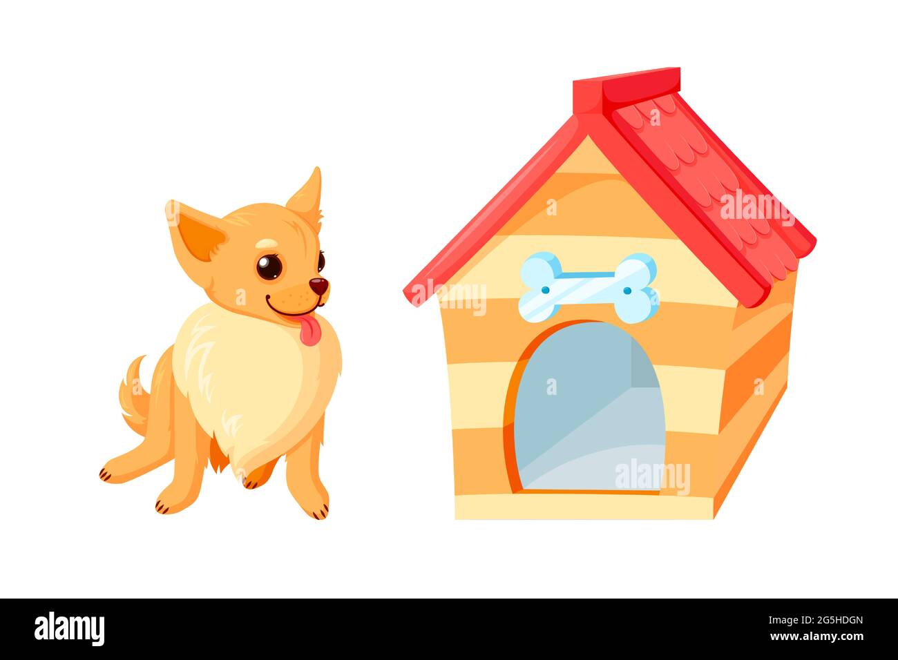 Chihuahua Hund und Zwinger mit Schale. holzhaus mit rotem Dach isoliert auf weißem Hintergrund. Vektor-Illustration in niedlichen Cartoon-Stil Stock Vektor