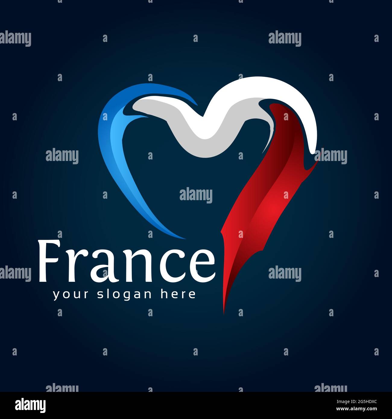 Vektor mit Herz der französischen Flagge auf blauem Hintergrund mit Farbverlauf. Vektorgrafik Stock Vektor