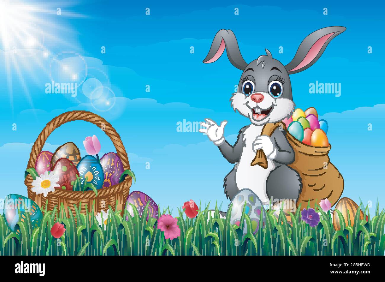 Osterhase, der einen Sack voller ostereier auf einem Grasfeld trägt Stock Vektor