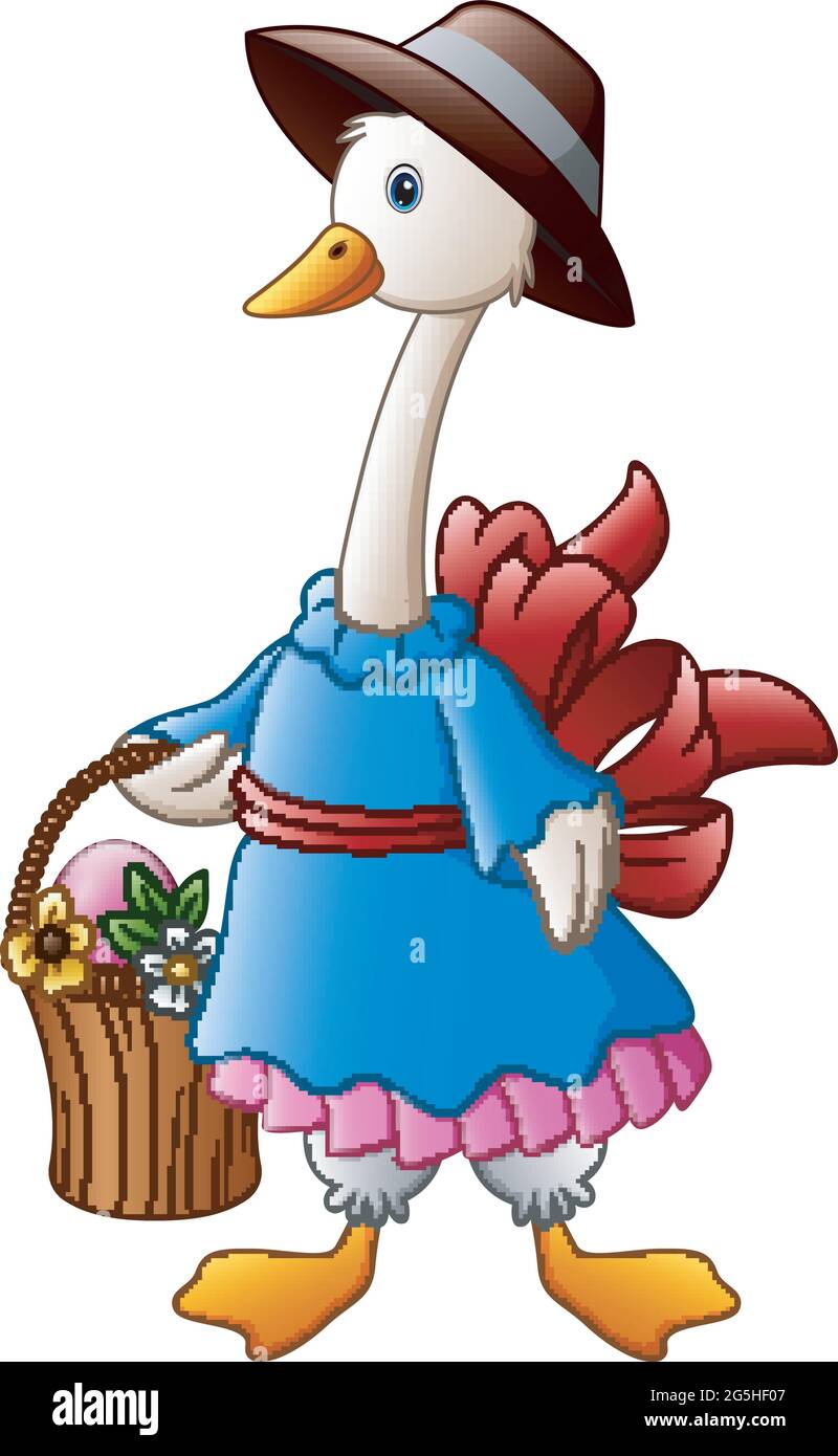 White Goose Cartoon mit einem Hut mit Korb und osterei Stock Vektor