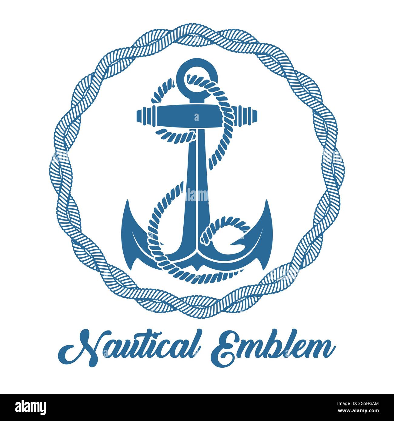 Nautisches Emblem von Anker- und Marineseilen isoliert auf Weiß. Vektorgrafik. Stock Vektor