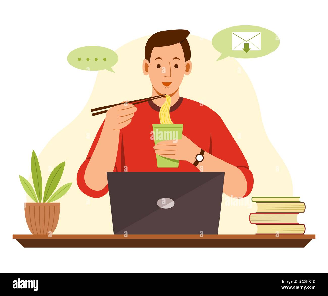 Freelance man ist Online Arbeiten von zu Hause aus mit Laptop und Essen Noodle. Stock Vektor