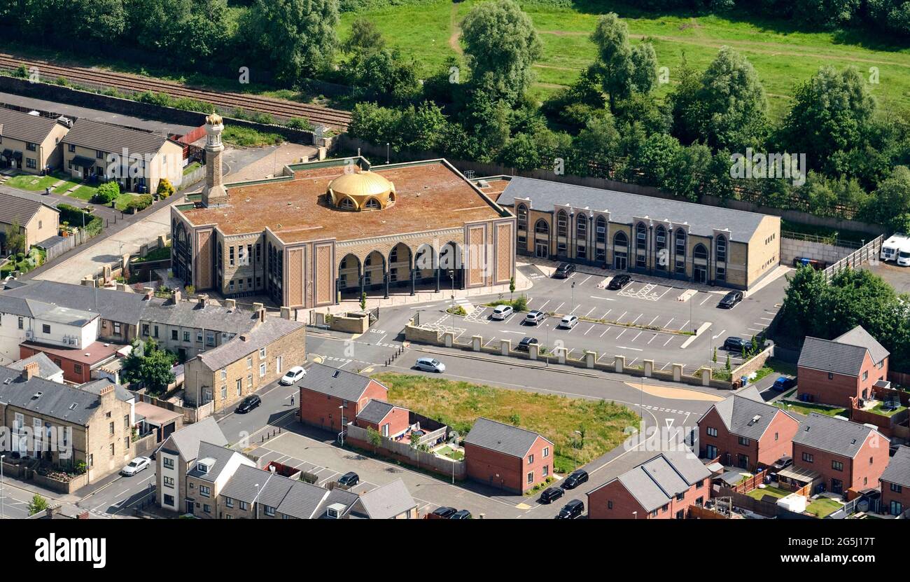 Eine Luftaufnahme einer Moschee, Accrington, Nordwestengland, Großbritannien Stockfoto