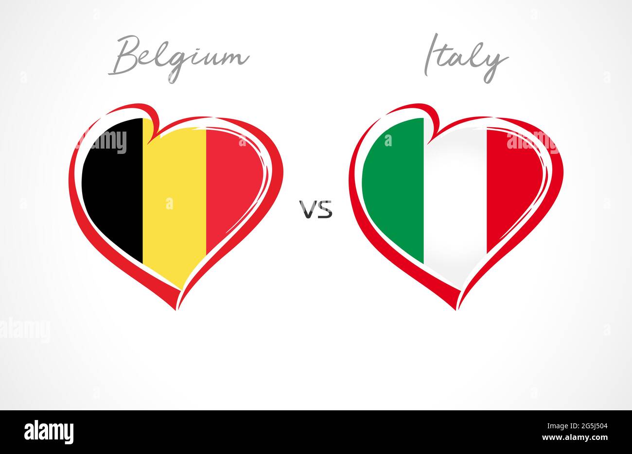 Flaggen-Emblem Belgien gegen Italien. Fußball der Nationalmannschaft auf weißem Hintergrund. Belgische und italienische Nationalflagge im Herzen, Vektorgrafik. Europacup Stock Vektor