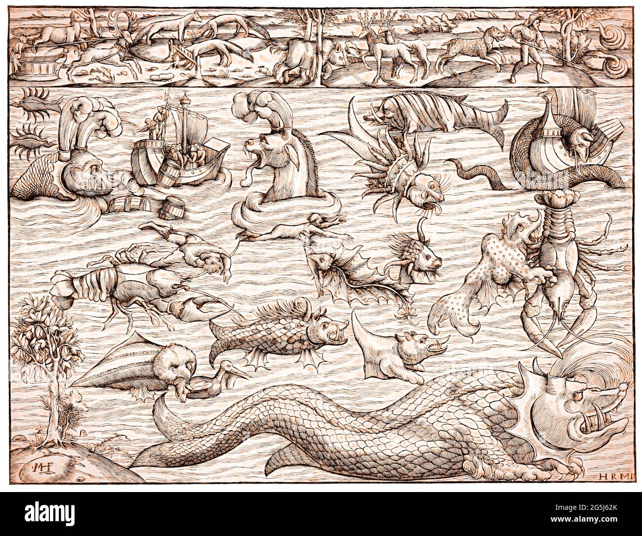 Land- und Seeungeheuer, basierend auf Sebastian Munsters „Comograhia uiversalis“ von 1550, digital bearbeitet Stockfoto