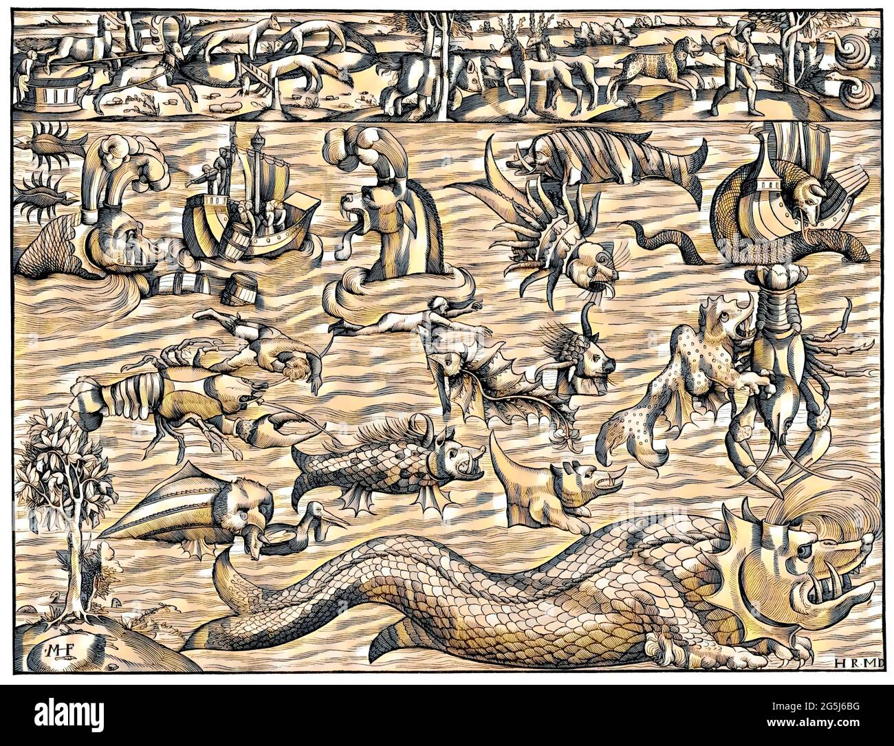Land- und Seeungeheuer, basierend auf Sebastian Munsters „Comograhia uiversalis“ von 1550, digital bearbeitet Stockfoto