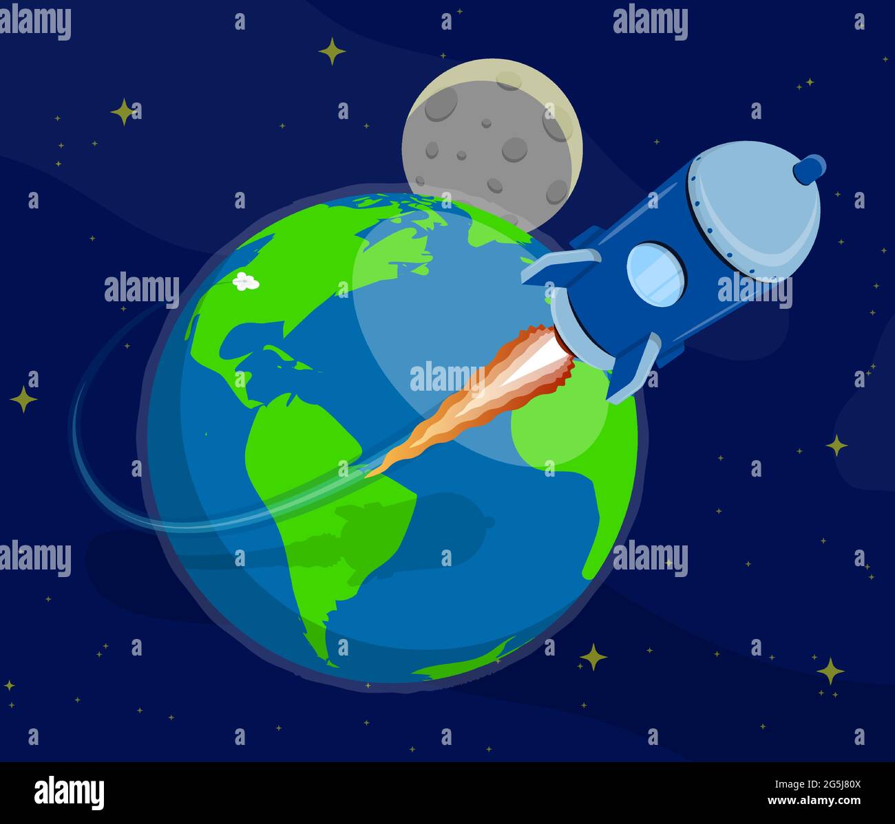 Rakete fliegt vom Planeten Erde in den freien Raum zu Sternen. Flüge zu Mars, Mond und Planeten des Sonnensystems. Cartoon-Vektor Stock Vektor