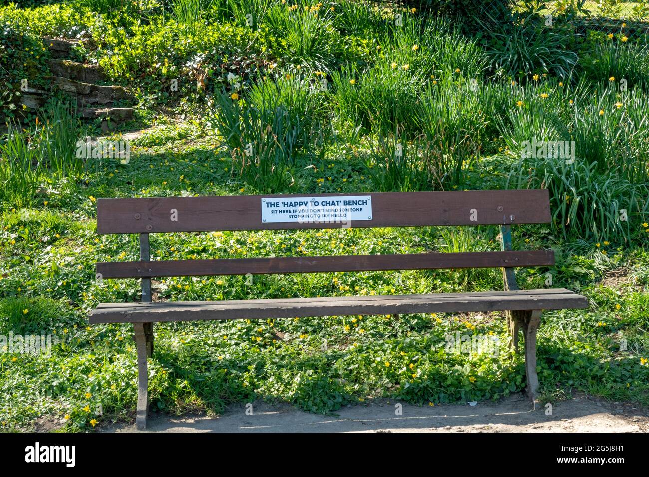 Die „Happy to Chat“-Bank in Enfield Park, Camelford, Cornwall Stockfoto