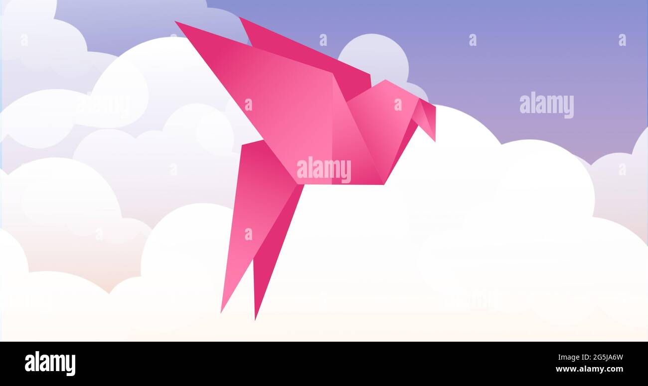 Zusammensetzung von rosa Vogel fliegen gegen Wolken auf blauem Hintergrund Stockfoto