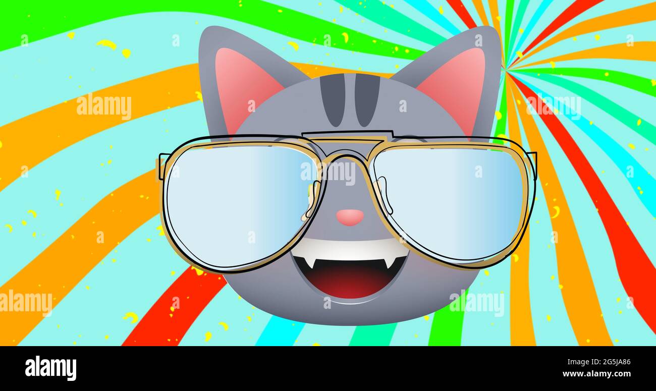 Komposition von Katze in Brille über lebhaften Streifen im Hintergrund Stockfoto