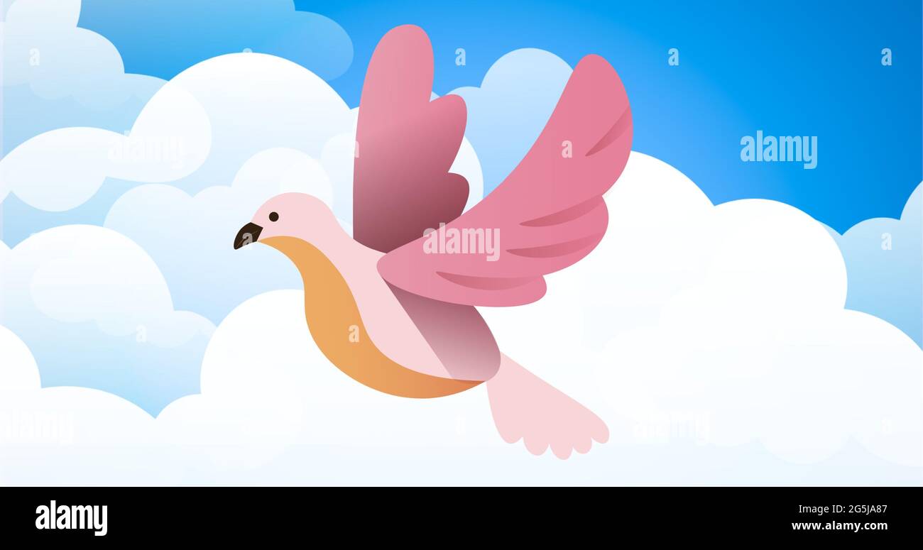 Komposition aus orangenen und rosa Vögeln, die auf blauem Hintergrund gegen Wolken fliegen Stockfoto