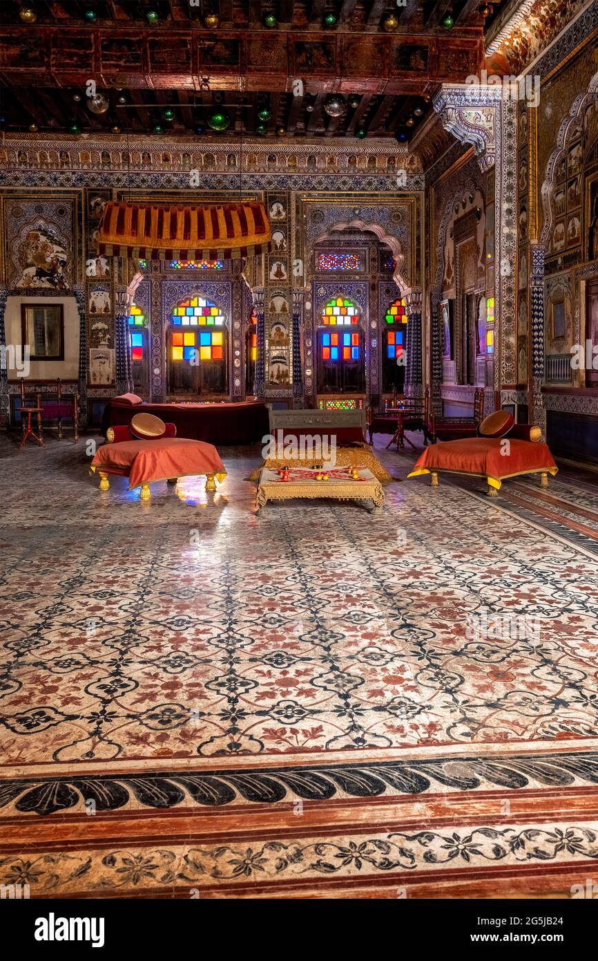 Takhat Vilas Maharaja Takhat Singh Kammer Zimmer in Mehrangarh Fort. Jodhpur, Rajasthan, Indien Stockfoto