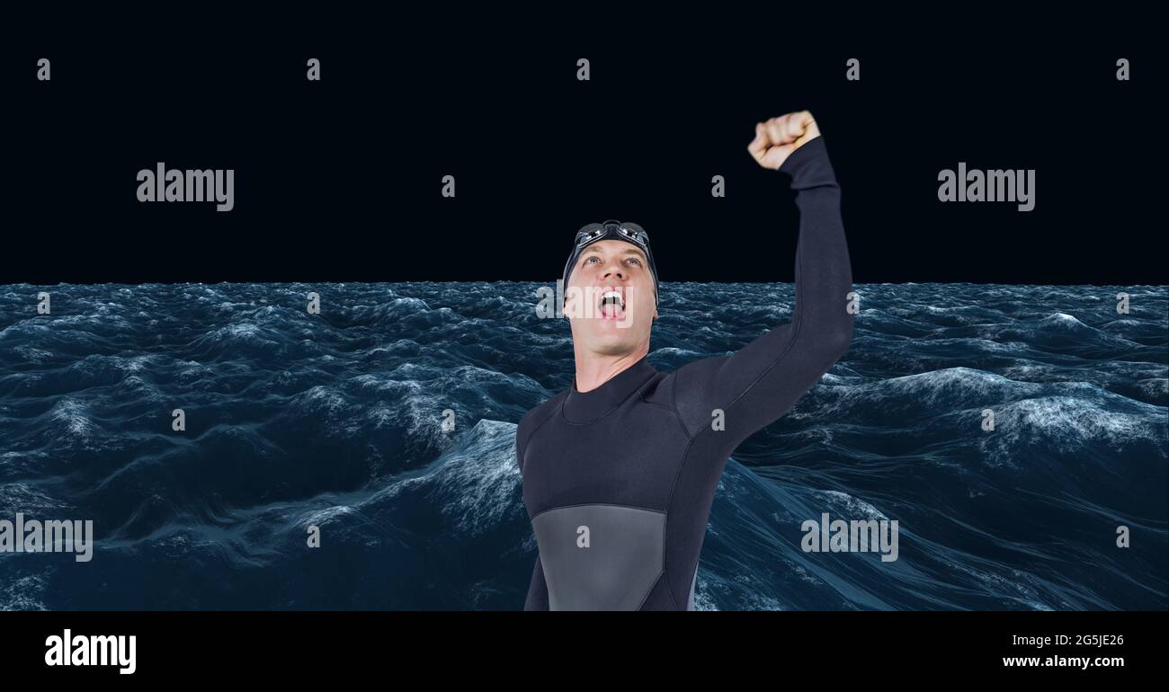 Zusammensetzung des männlichen Schwimmers, der die Hand auf schwarzem Hintergrund hebt Stockfoto