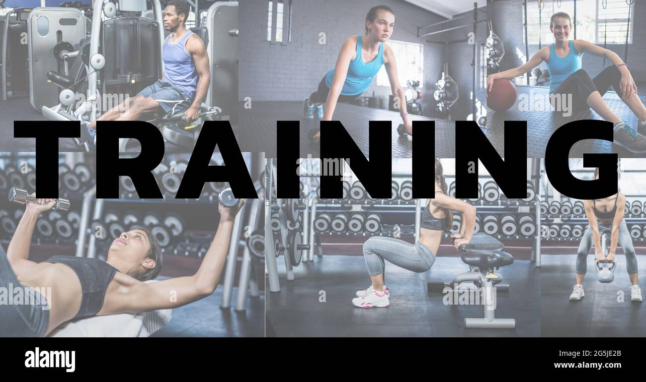 Zusammensetzung des Trainingstextes über männliche und weibliche Athleten im Fitnessstudio Stockfoto