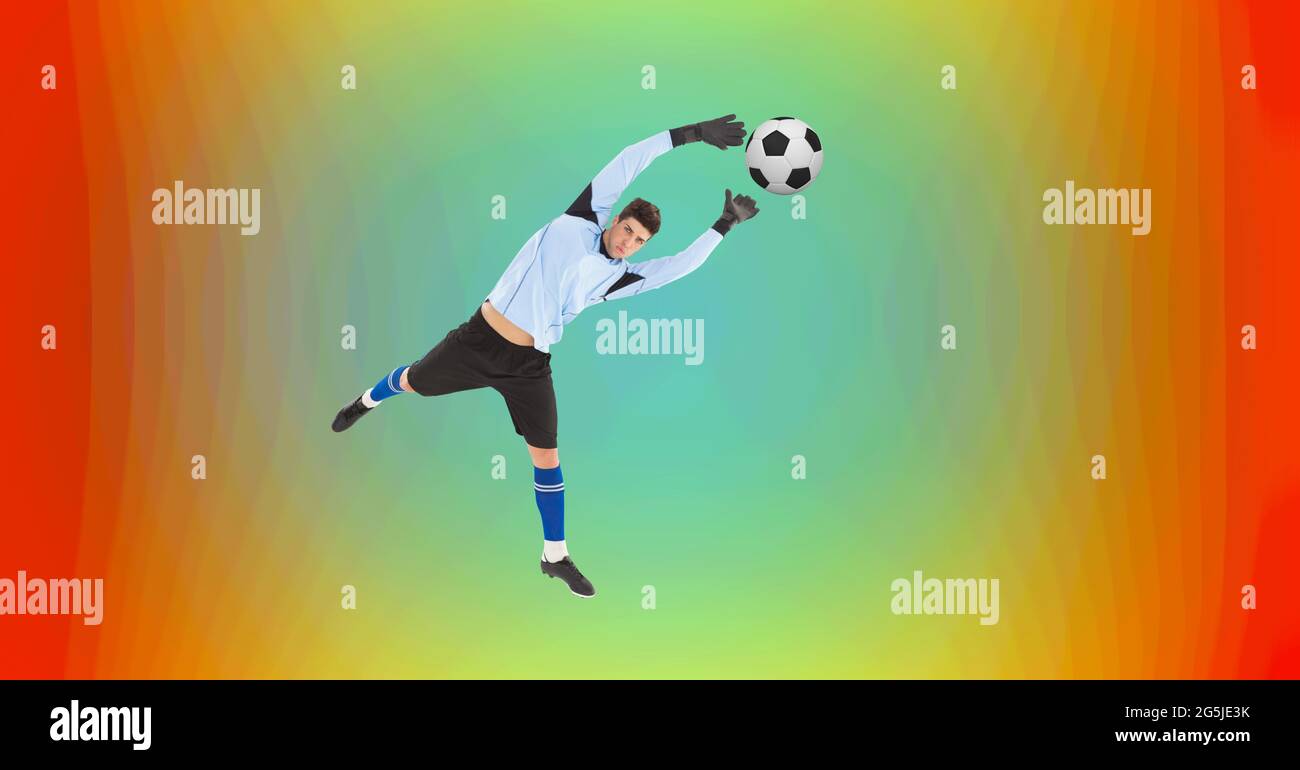 Zusammensetzung des männlichen Fußballspielers fangen Ball mit Kopieplatz Stockfoto