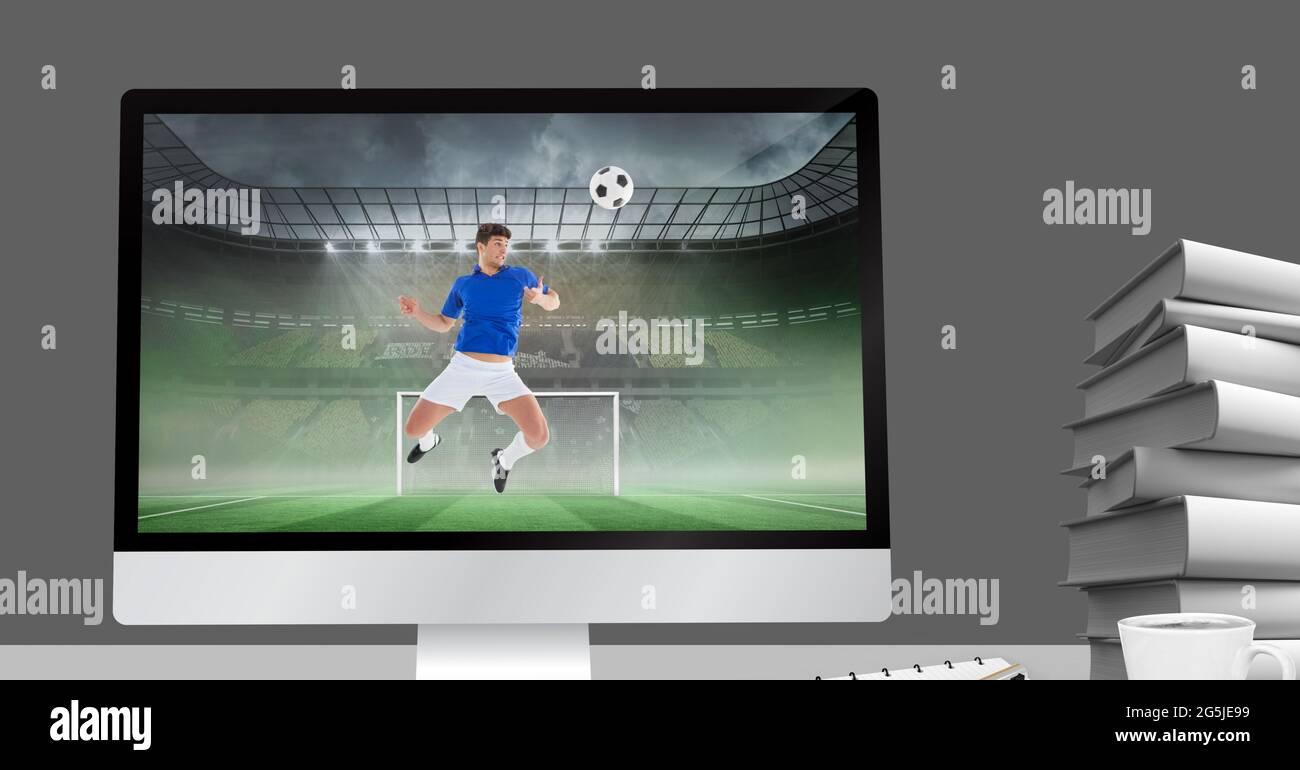 Zusammensetzung des männlichen Fußballspielers mit Ball im Fußballstadion im Computer Stockfoto