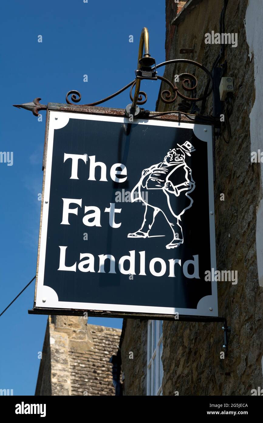 The Fat Landlord Pub-Schild, Helmdon, Northamptonshire, England, Großbritannien Stockfoto