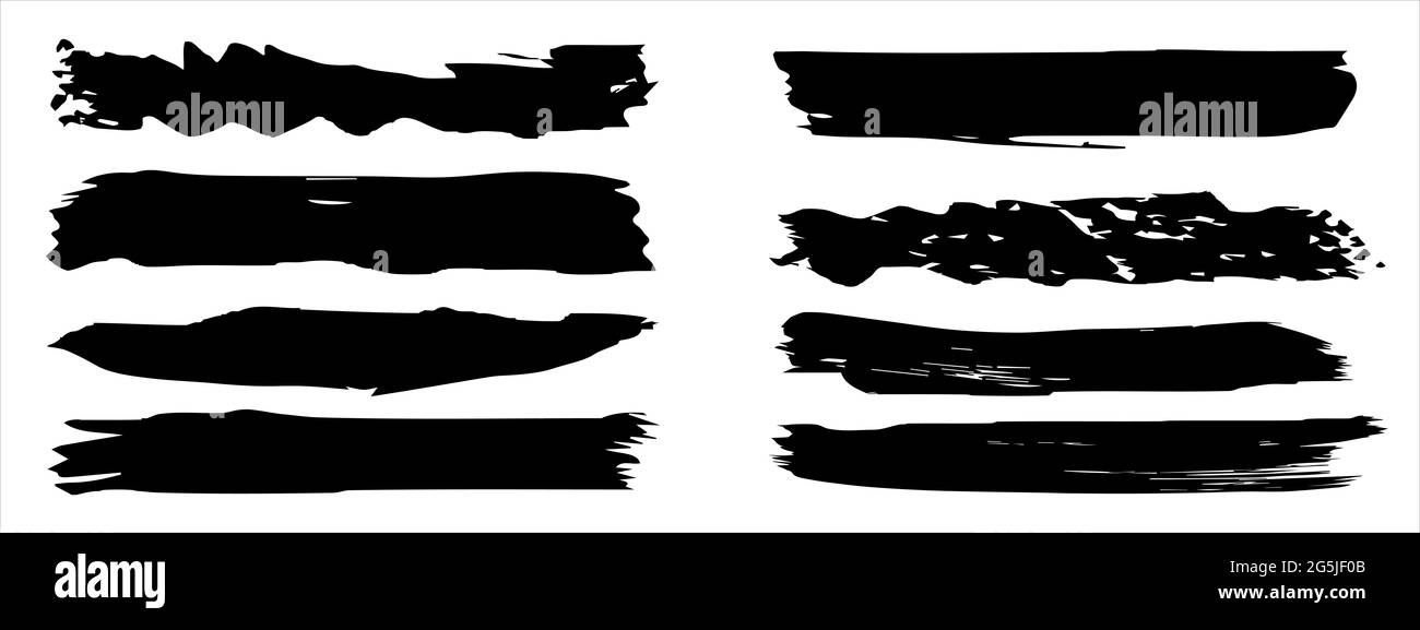 Sammlung von künstlerischen grungy schwarze Farbe von Hand gemacht kreative Pinselstrich auf Hintergrund isoliert gesetzt. Eine Gruppe von abstrakten Grunge-Skizzen für Design Stockfoto