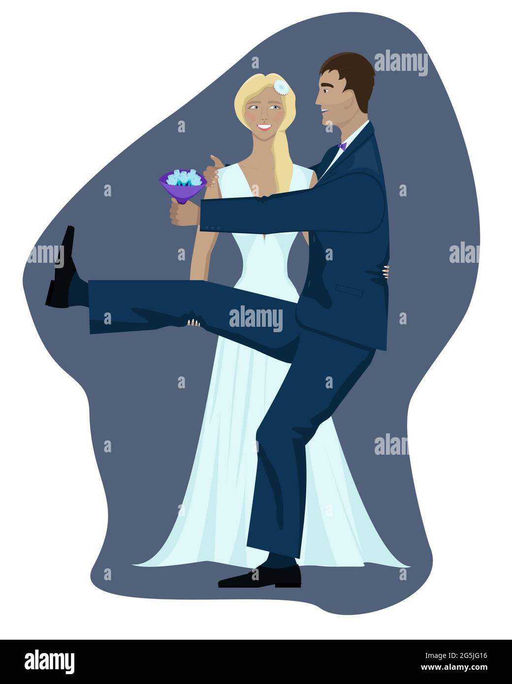 Isoliertes Bild von Braut und Bräutigam auf violettem und weißem Hintergrund. Das Brautpaar macht Spaß und macht Spaß, die Braut will den Bräutigam in die Arme nehmen Stock Vektor