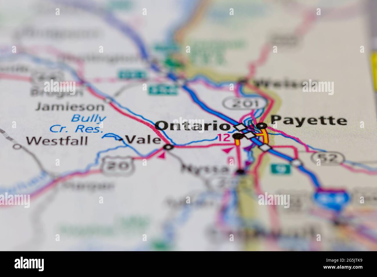 Ontario Oregon USA auf einer Geographie- oder Straßenkarte angezeigt Stockfoto