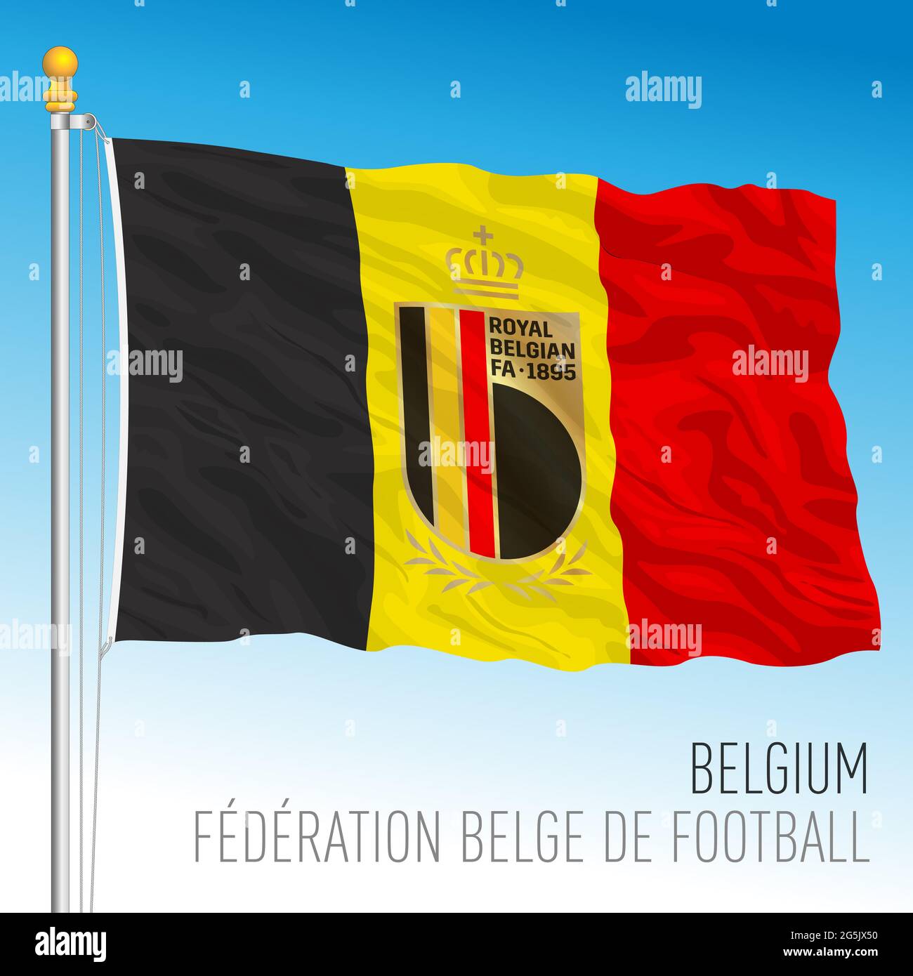 BRUSSEL, BELGIEN, Juni 2021 - Belgische Flagge mit Logo des belgischen Fußballverbands für die europameisterschaft 2021 Stockfoto