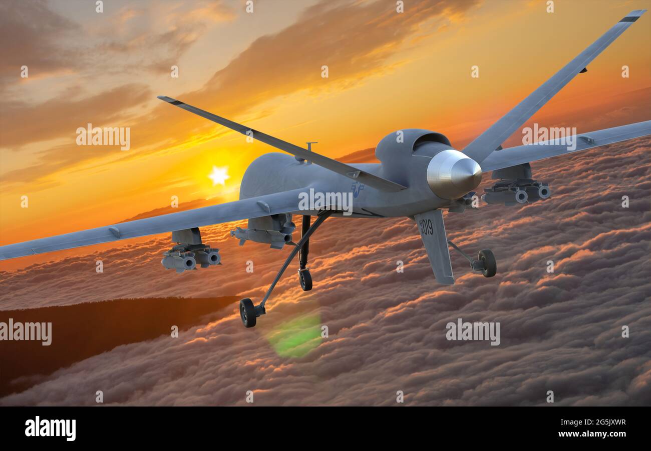 MQ-9 Reaper bekämpfen Drohne mit Waffen während einer Mission Stockfoto
