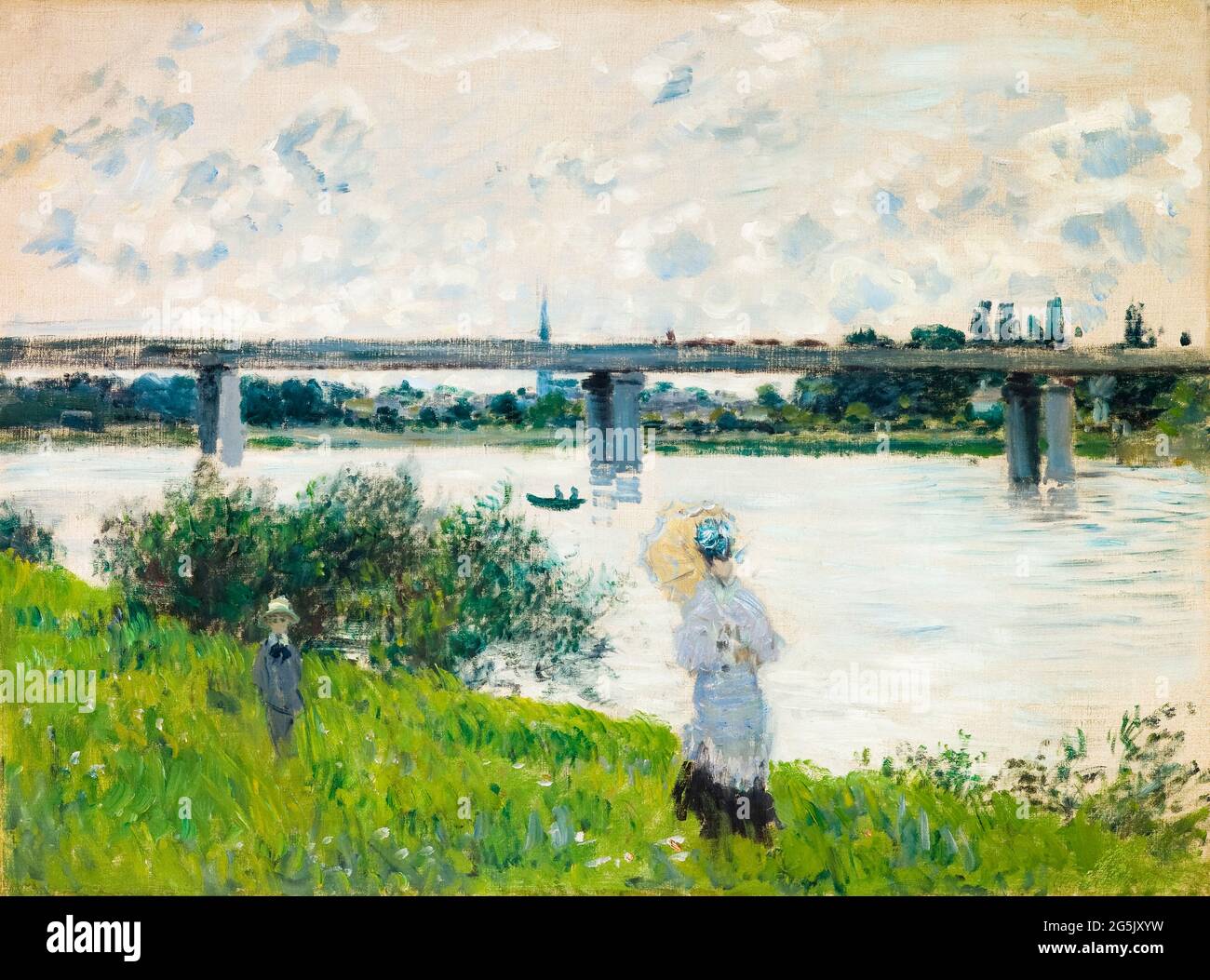 Die Promenade mit der Eisenbahnbrücke, Argenteuil, Landschaftsmalerei von Claude Monet, 1874 Stockfoto