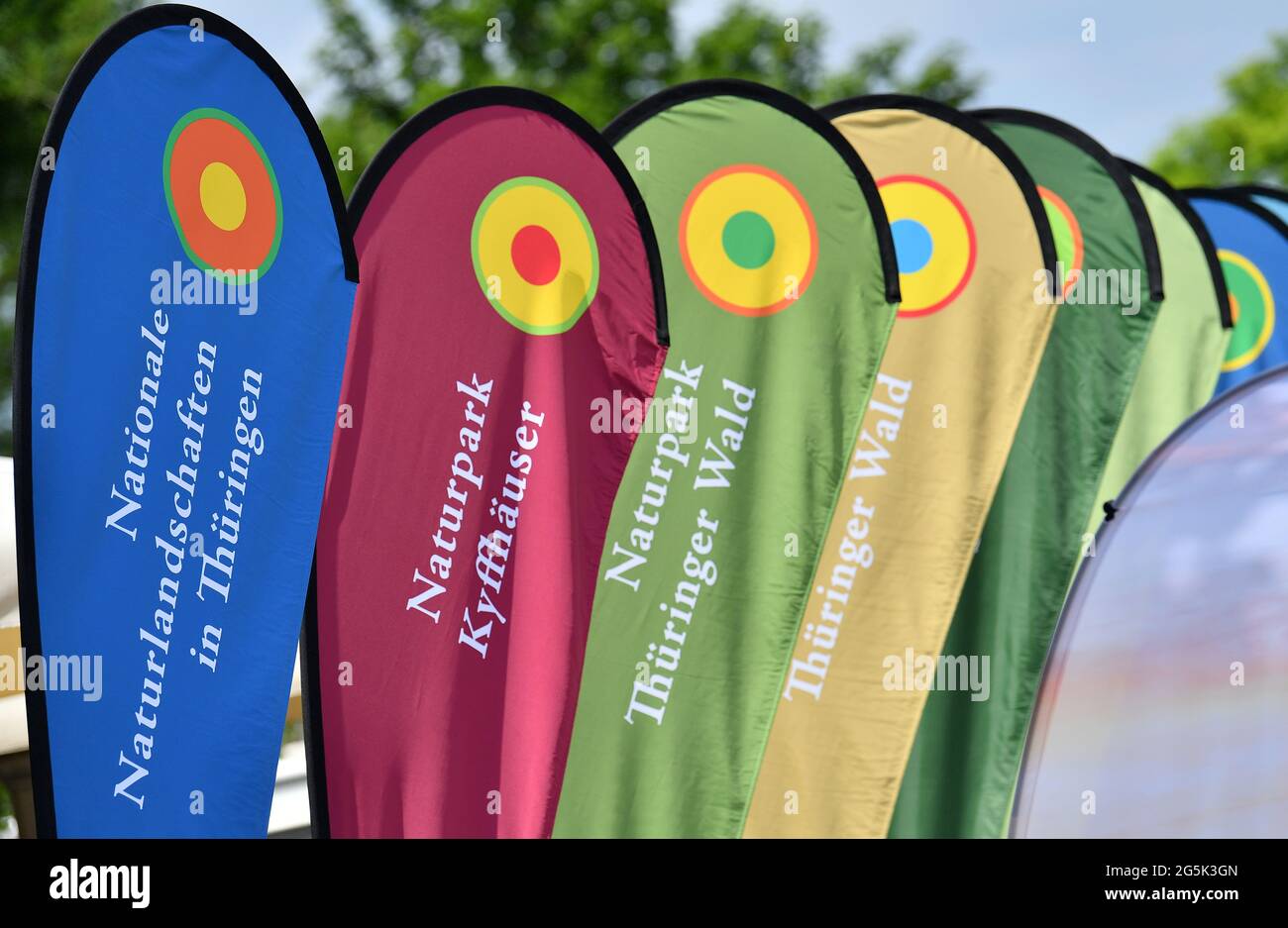Erfurt, Deutschland. Juni 2021. Im Egapark werden farbenfrohe Banner zur BUGA Themenwoche "Schätze der Natur" aufgestellt. Hier präsentieren Thüringens Nationale Naturlandschaften den Besuchern der Bundesgartenschau eine ganze Woche lang die Naturhighlights aus den verschiedenen Regionen. Erstmals präsentiert die National Natural Landscapes eine neue Ausstellung mit interaktiven Elementen wie Smart Cubes, Touch-Boxen und einer Multivision-Show. Quelle: Martin Schutt/dpa-Zentralbild/dpa/Alamy Live News Stockfoto