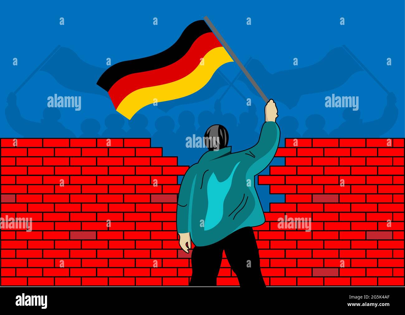 Menschen mit deutschen Fahnen, die durch eine Mauer getrennt sind. Konzept für die Vereinigung von West- und Ostdeutschland. Fall der berliner Mauer Stock Vektor
