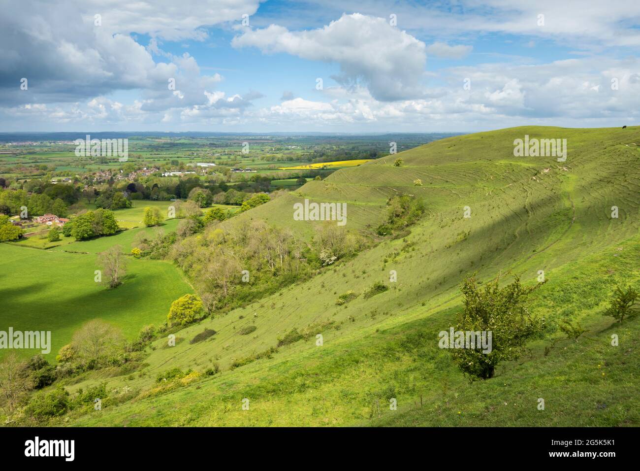 Blick auf Hambledon Hill und Dorset Countryside, Iwerne Courtney (Shroton), in der Nähe von Blandford Forum, Dorset, England, Vereinigtes Königreich, Europa Stockfoto