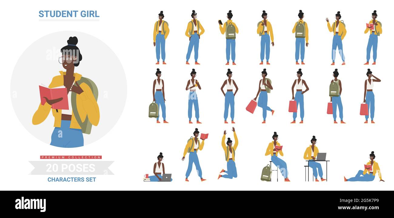 afroamerikanisch schwarz Student Mädchen posiert Infografik Vektor Illustration Set. Cartoon flache junge Frau, die mit Rucksack steht, sitzt, am Tisch mit Laptop und Büchern studiert Stock Vektor