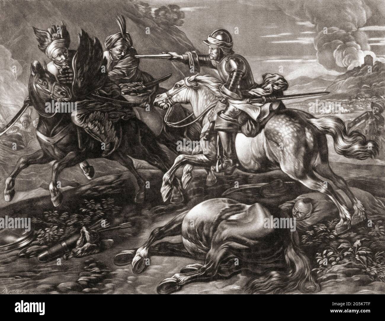 Ein europäischer Kavallerie-Mann mit einer Pistole anvisiert zwei Janissaries. Die Janissaries waren Elitetruppen des Osmanischen Reiches. Nach einem Werk von Jan van Huchtenburg aus dem 18. Jahrhundert Stockfoto