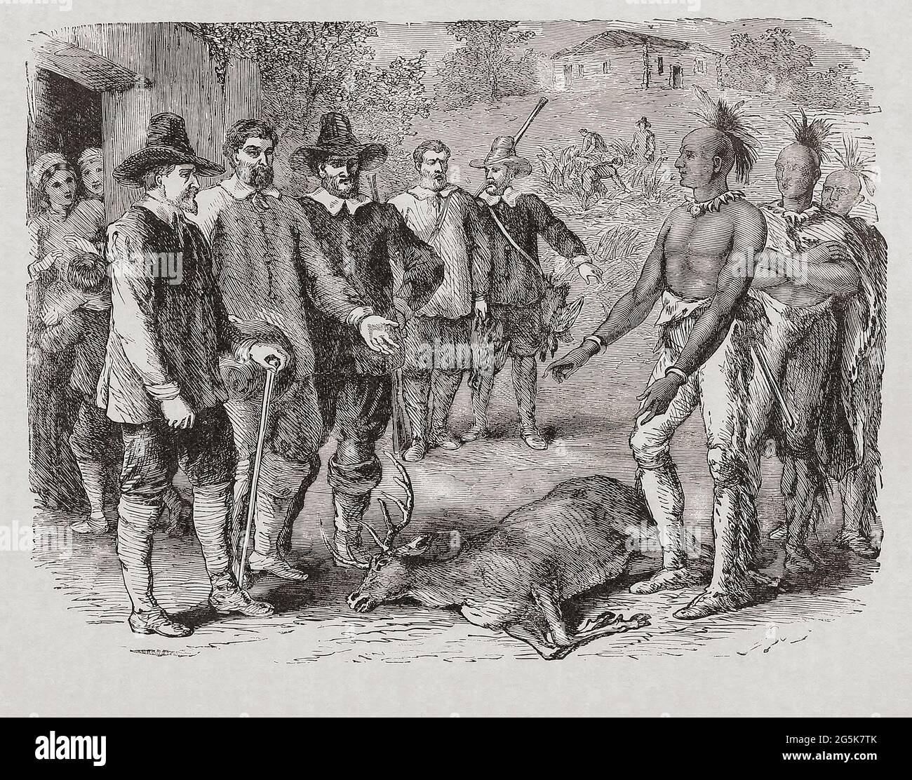 Anfang des 17.. Jahrhunderts handelten englische Siedler in der Kolonie Virginia mit einheimischen Indianern um den Tierkörper eines Hirsches. Nach einem Werk eines unbekannten Künstlers. Stockfoto